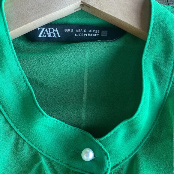 🔥 New Zara I Emerald Green Long Sleeve Ruffled Chiffon Shirts I Size S - Picture 3 of 6